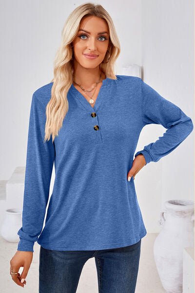 Notched Button Detail Long Sleeve T-Shirt - Rochelle's House LLC