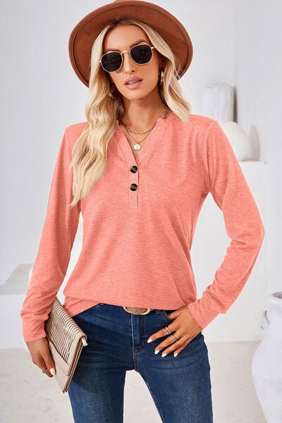 Notched Button Detail Long Sleeve T-Shirt - Rochelle's House LLC