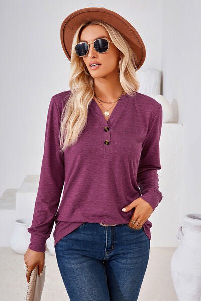 Notched Button Detail Long Sleeve T-Shirt - Rochelle's House LLC