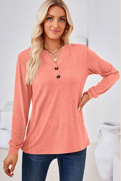 Notched Button Detail Long Sleeve T-Shirt - Rochelle's House LLC