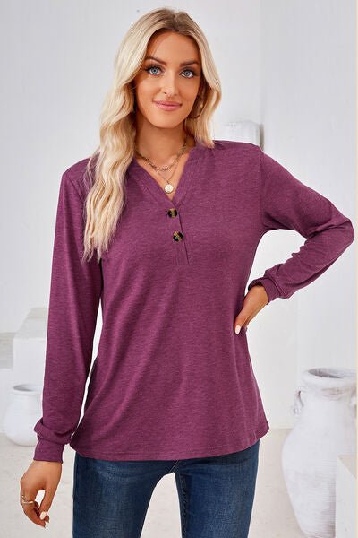 Notched Button Detail Long Sleeve T-Shirt - Rochelle's House LLC