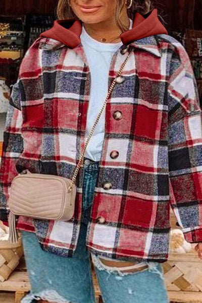 Plaid Plus Size Plaid Button Up Hooded Jacket - Rochelle's House LLC