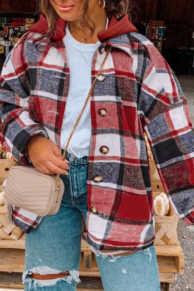 Plaid Plus Size Plaid Button Up Hooded Jacket - Rochelle's House LLC