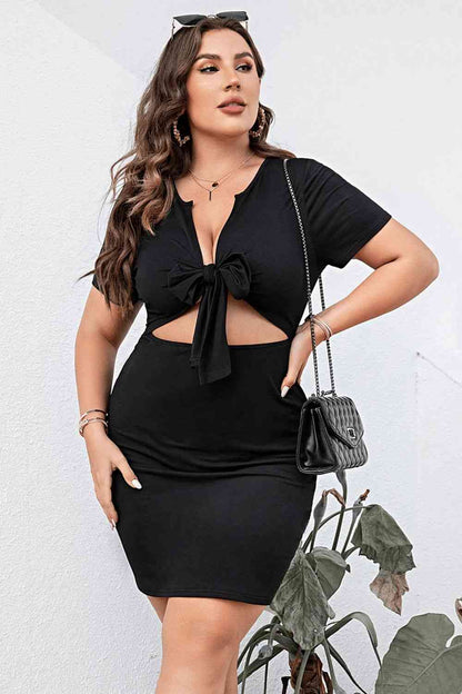 Plus Size Cutout Tie Front Short Sleeve Dress - Rochelle's House LLC