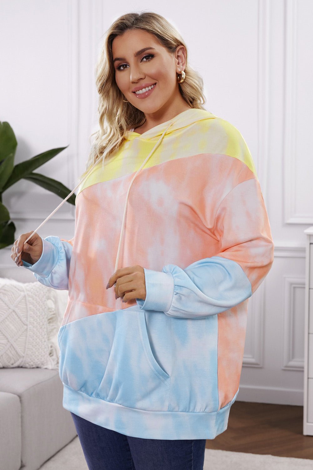 Plus Size Drawstring Color Block Dropped Shoulder Hoodie - Rochelle's House LLC