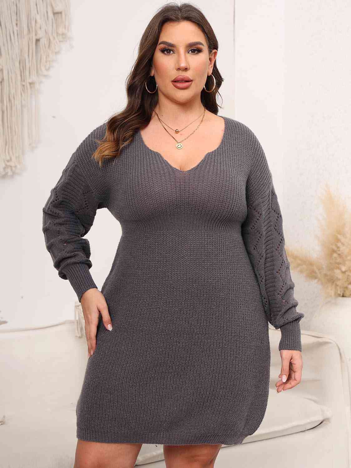 Plus Size Dropped Shoulder Long Sleeve Knit Mini Dress - Rochelle's House LLC