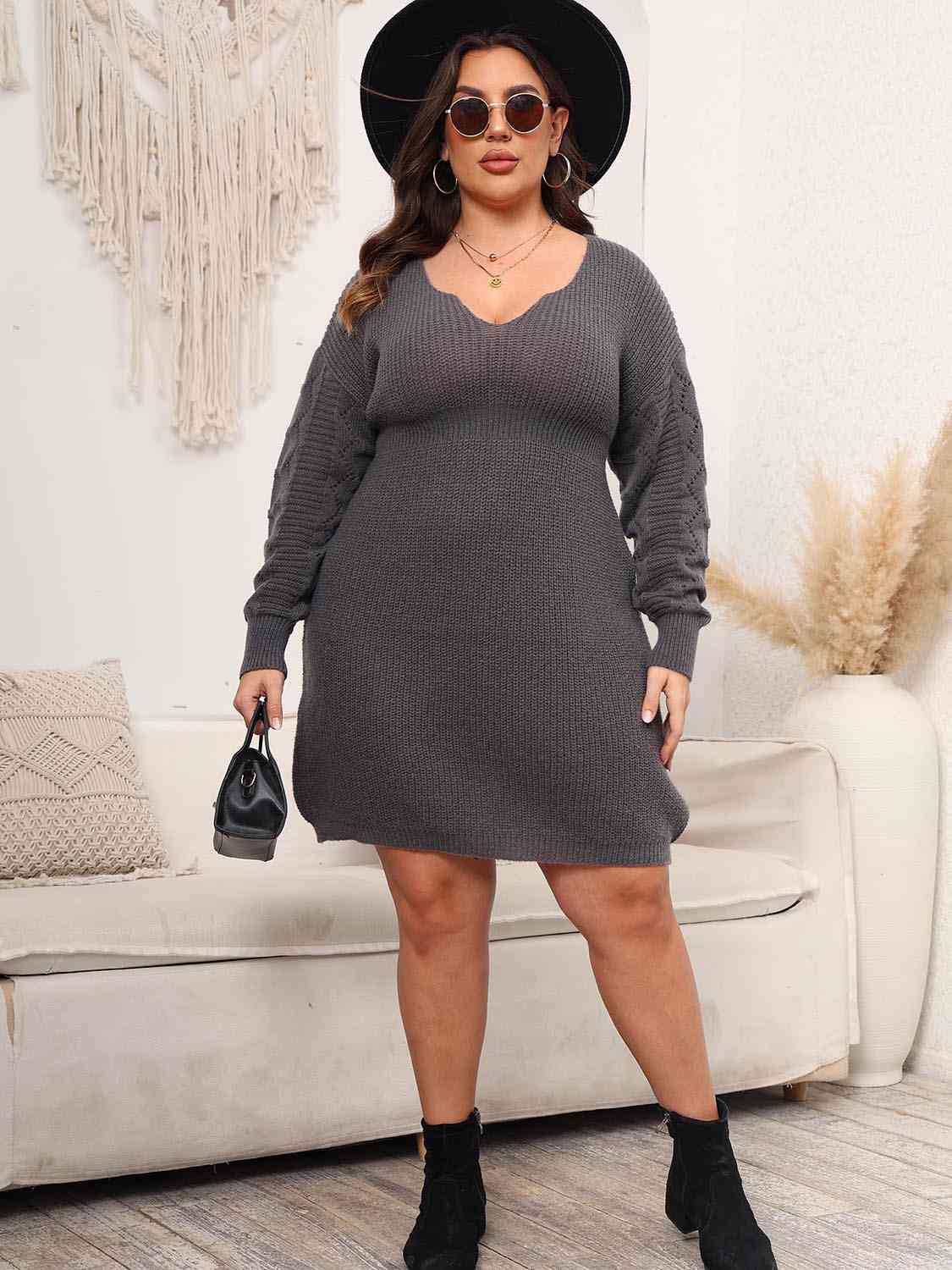 Plus Size Dropped Shoulder Long Sleeve Knit Mini Dress - Rochelle's House LLC
