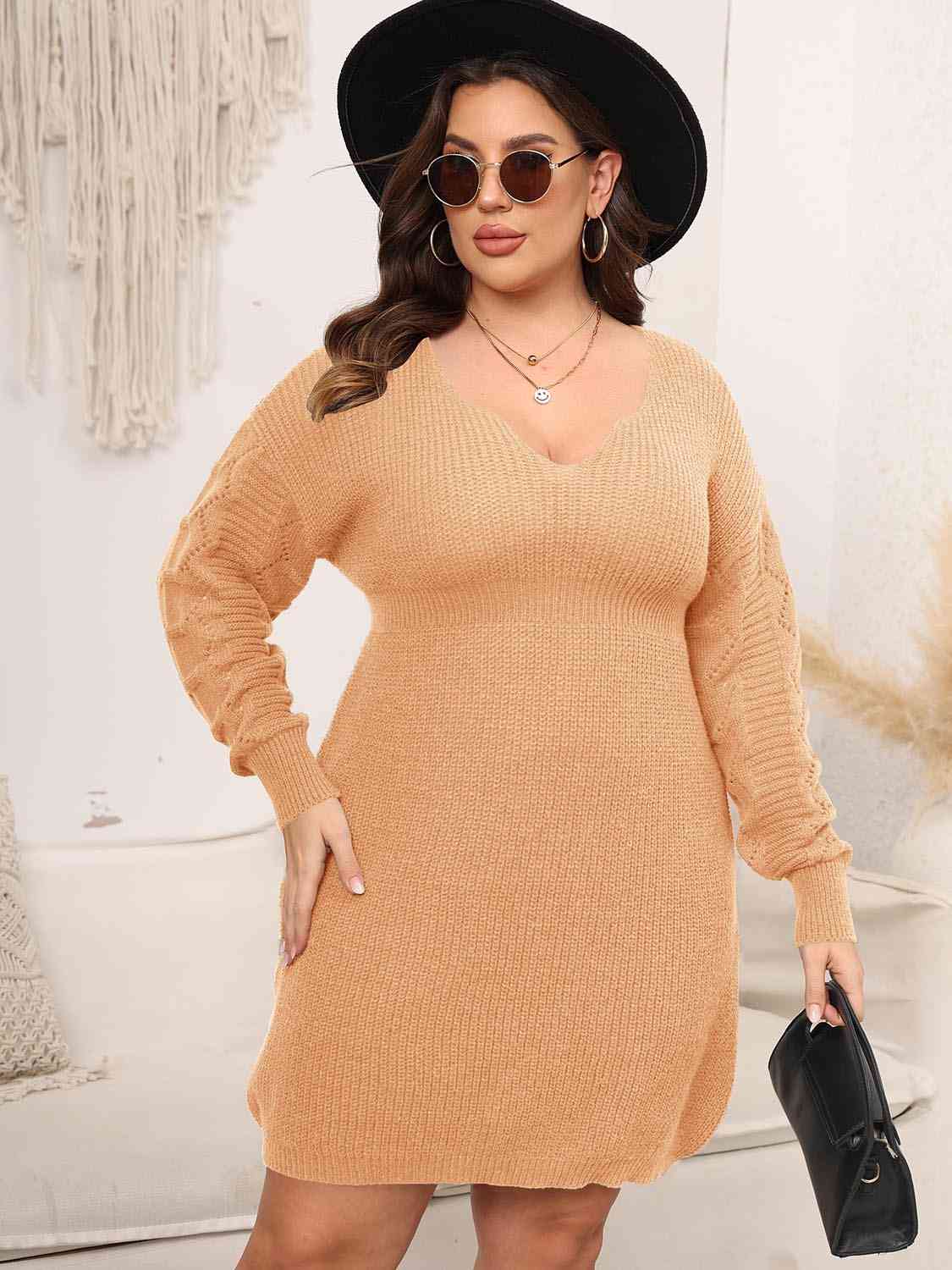 Plus Size Dropped Shoulder Long Sleeve Knit Mini Dress - Rochelle's House LLC