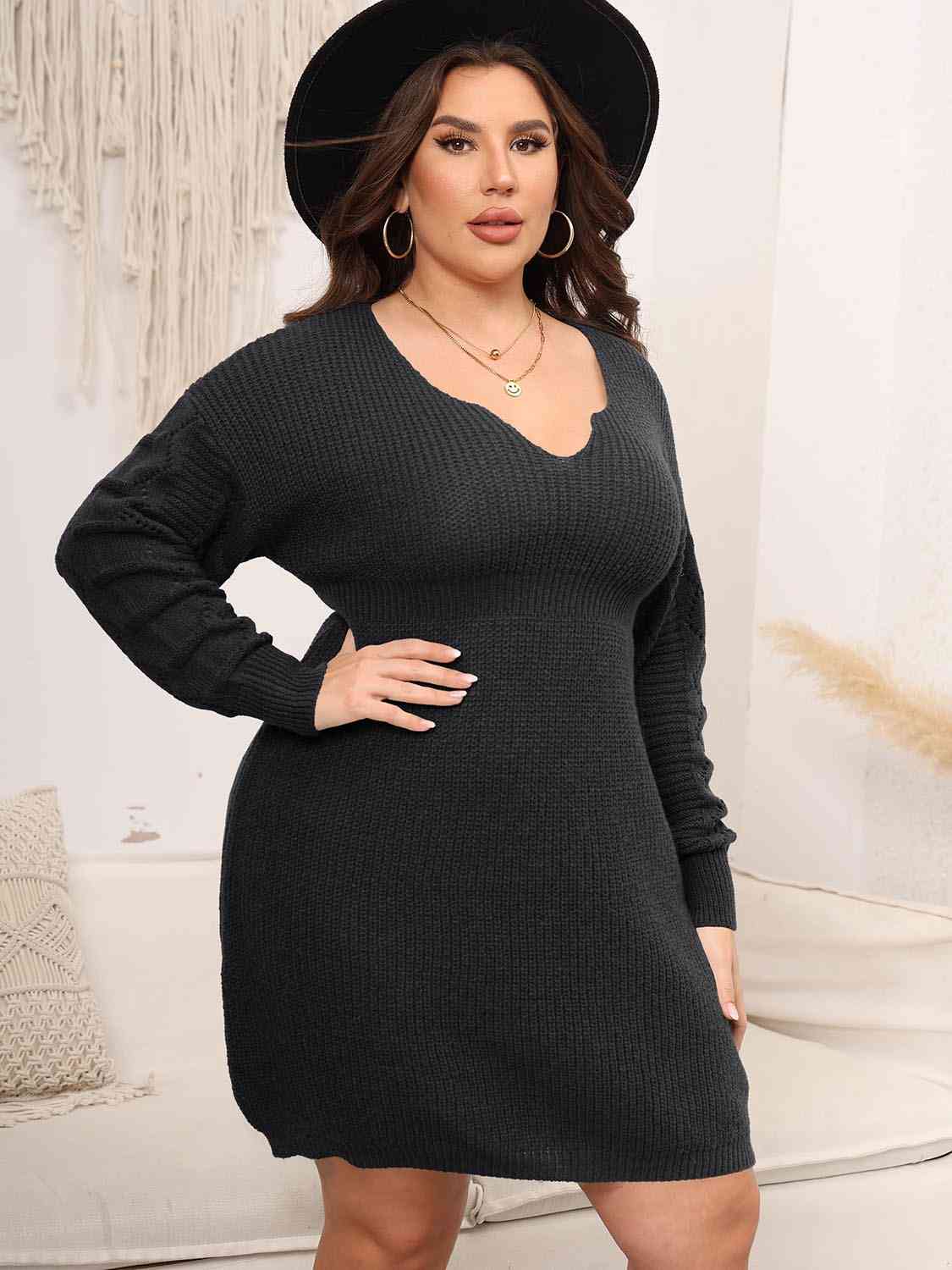 Plus Size Dropped Shoulder Long Sleeve Knit Mini Dress - Rochelle's House LLC