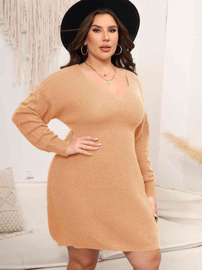 Plus Size Dropped Shoulder Long Sleeve Knit Mini Dress - Rochelle's House LLC