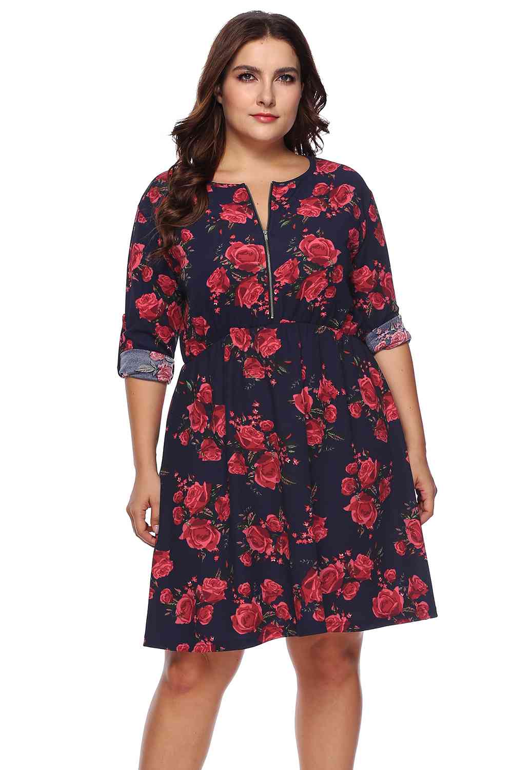 Plus Size Floral Print Half Zip Up Dress - Rochelle's House LLC