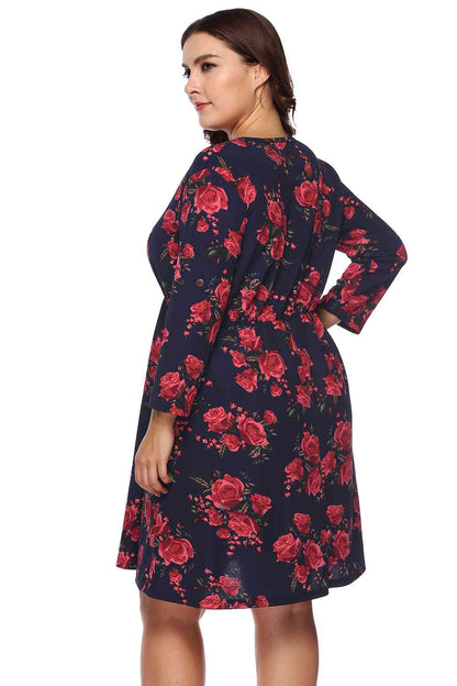 Plus Size Floral Print Half Zip Up Dress - Rochelle's House LLC