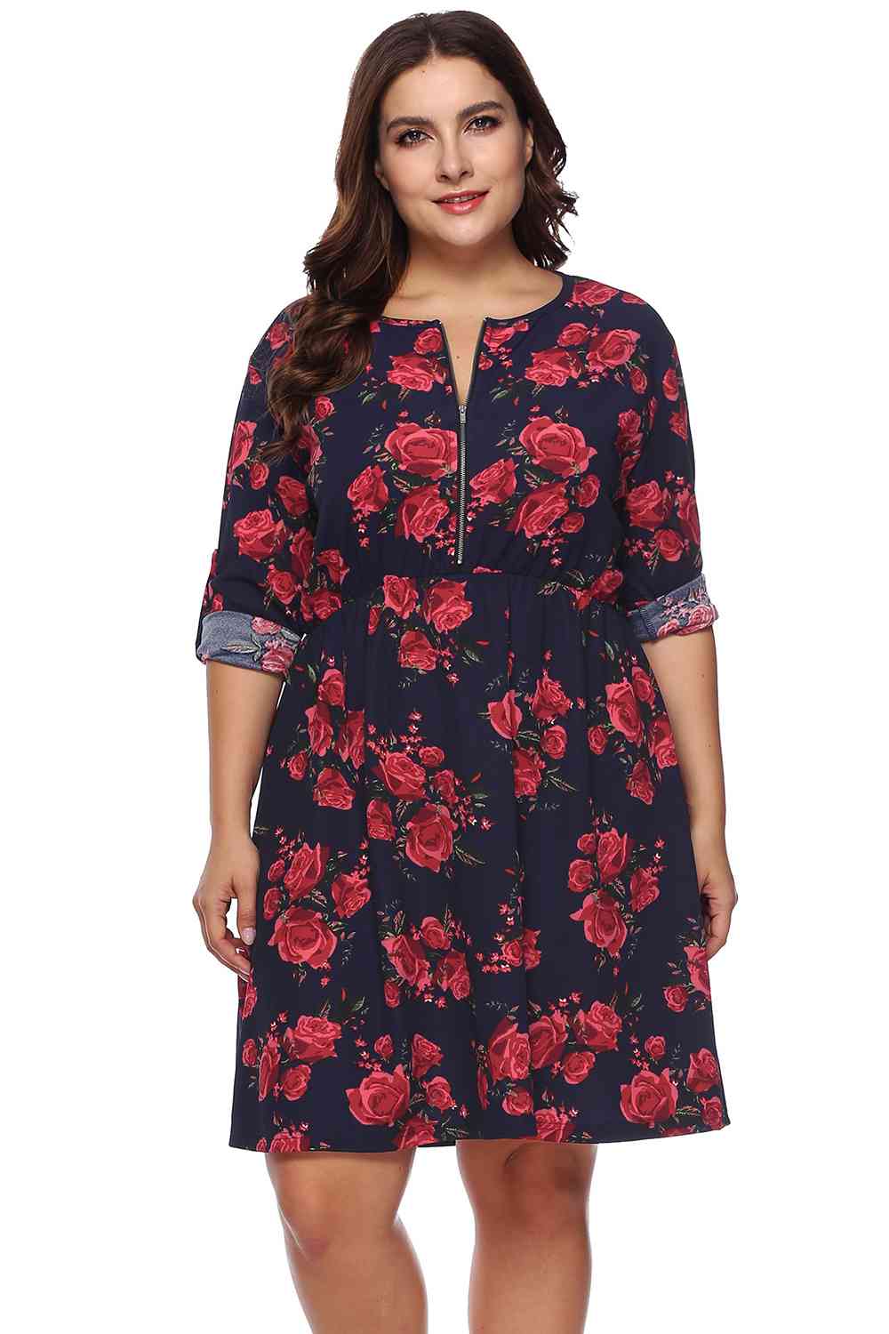 Plus Size Floral Print Half Zip Up Dress - Rochelle's House LLC