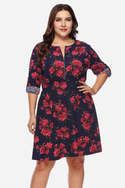 Plus Size Floral Print Half Zip Up Dress - Rochelle's House LLC