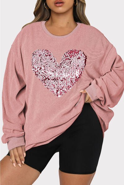 Plus Size Heart Sequin Round Neck Sweatshirt - Rochelle's House LLC