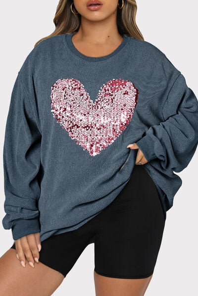 Plus Size Heart Sequin Round Neck Sweatshirt - Rochelle's House LLC