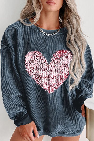 Plus Size Heart Sequin Round Neck Sweatshirt - Rochelle's House LLC