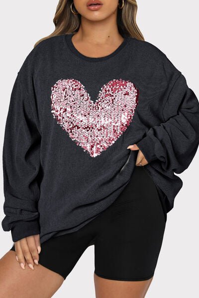 Plus Size Heart Sequin Round Neck Sweatshirt - Rochelle's House LLC