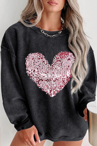 Plus Size Heart Sequin Round Neck Sweatshirt - Rochelle's House LLC