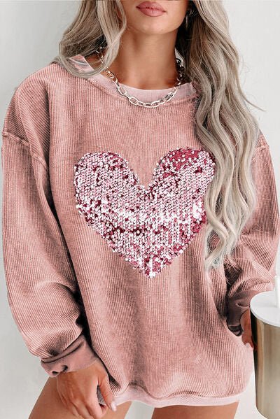 Plus Size Heart Sequin Round Neck Sweatshirt - Rochelle's House LLC
