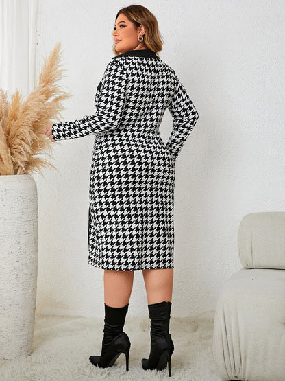 Plus Size Houndstooth Long Sleeve Slit Dress - Rochelle's House LLC