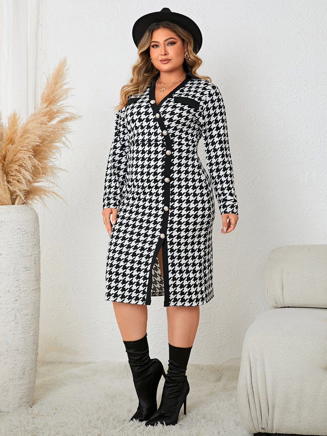 Plus Size Houndstooth Long Sleeve Slit Dress - Rochelle's House LLC