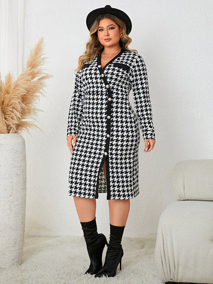 Plus Size Houndstooth Long Sleeve Slit Dress - Rochelle's House LLC