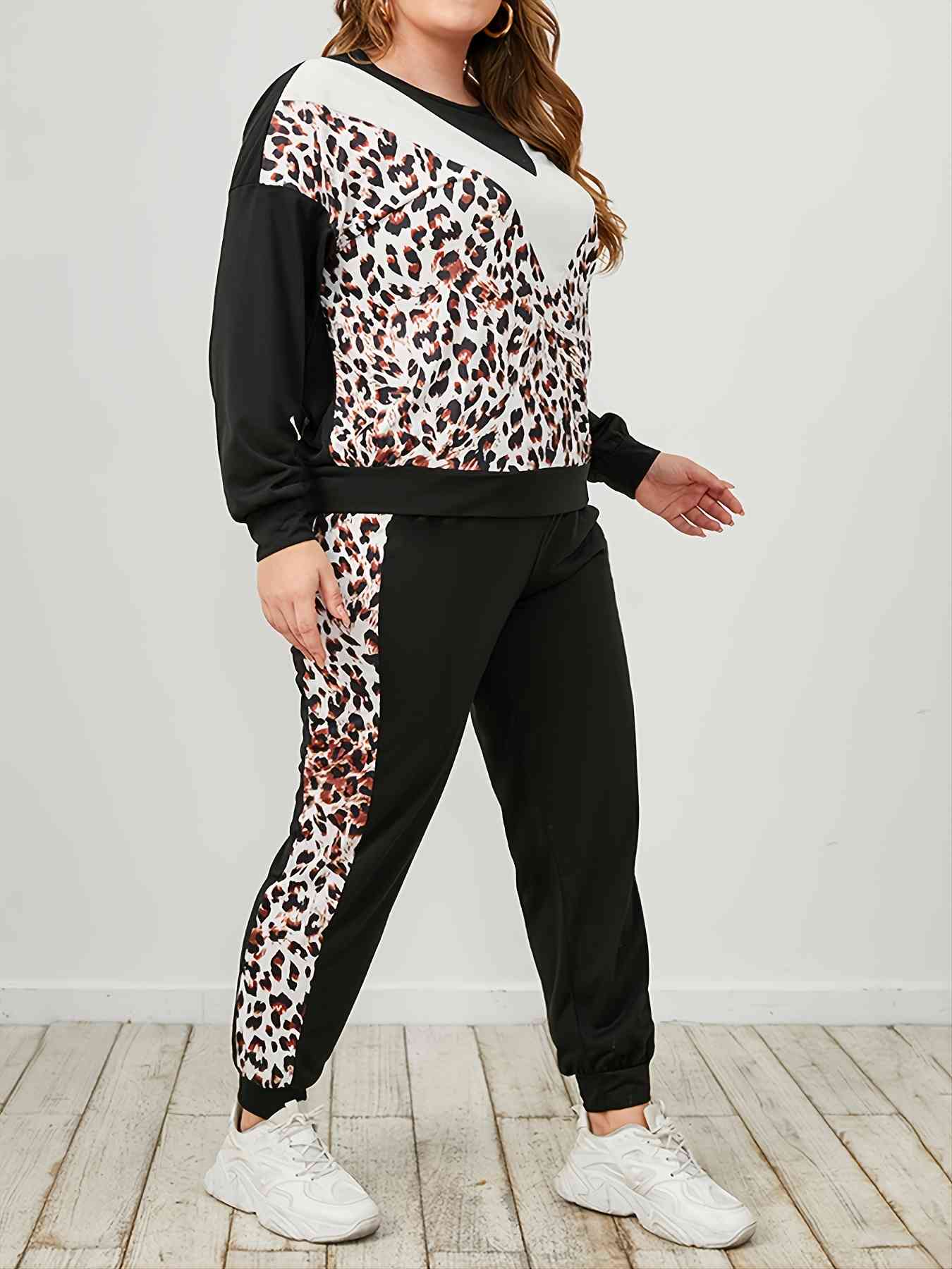 Plus Size Leopard Sweatshirt and Sweatpants Set - Rochelle's House LLC