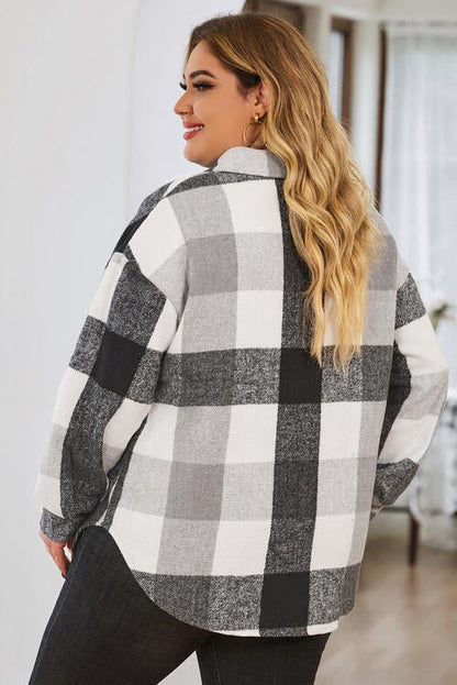 Plus Size Plaid Button Up Collared Neck Jacket - Rochelle's House LLC