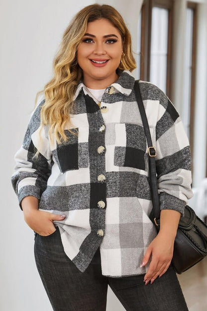 Plus Size Plaid Button Up Collared Neck Jacket - Rochelle's House LLC