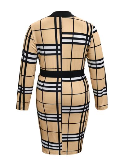 Plus Size Plaid V - Neck Long Sleeve Wrap Dress - Rochelle's House LLC