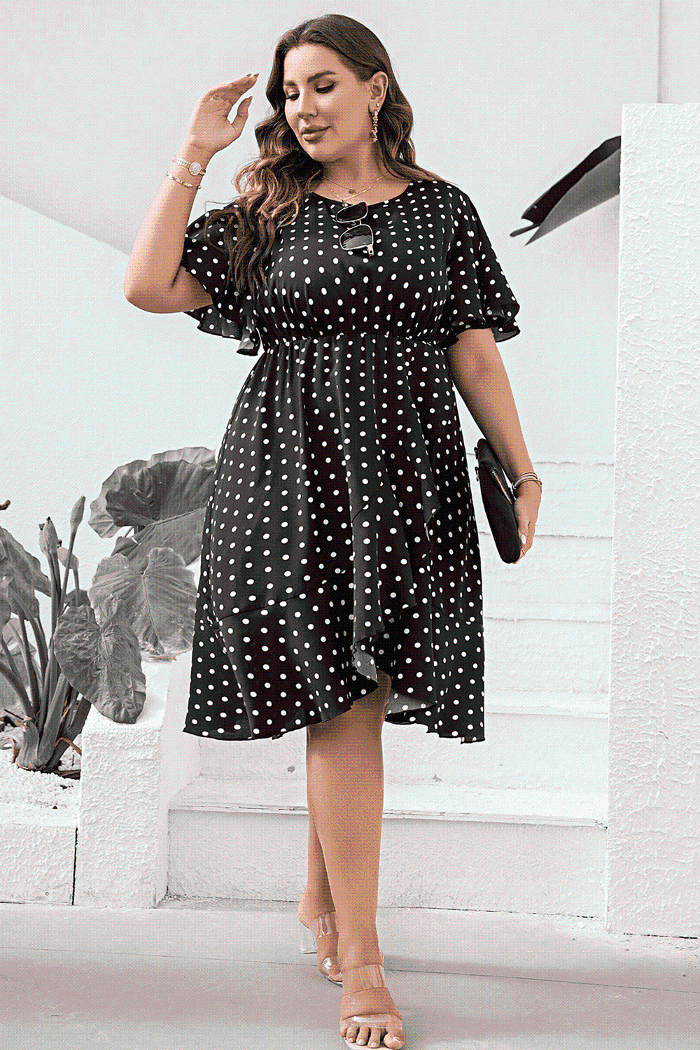 Plus Size Polka Dot Flutter Sleeve Dress - Rochelle's House LLC