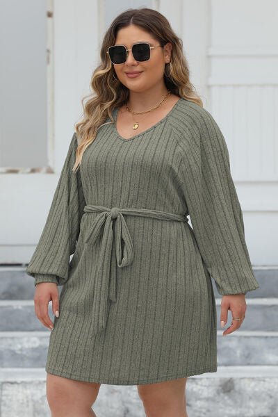 Plus Size Ribbed Tie Front Sweater Dress - Rochelle's House LLC
