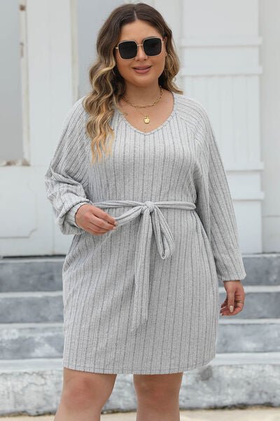 Plus Size Ribbed Tie Front Sweater Dress - Rochelle's House LLC