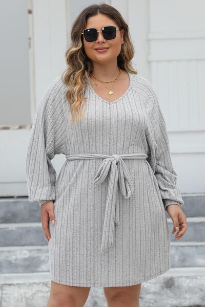 Plus Size Ribbed Tie Front Sweater Dress - Rochelle's House LLC