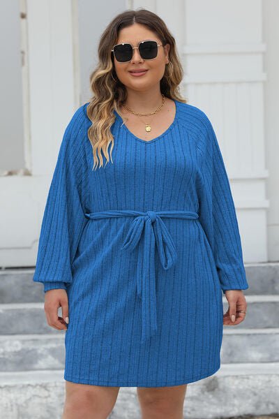 Plus Size Ribbed Tie Front Sweater Dress - Rochelle's House LLC