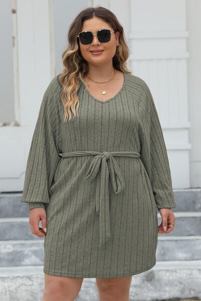 Plus Size Ribbed Tie Front Sweater Dress - Rochelle's House LLC