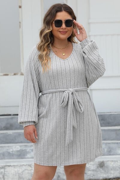 Plus Size Ribbed Tie Front Sweater Dress - Rochelle's House LLC