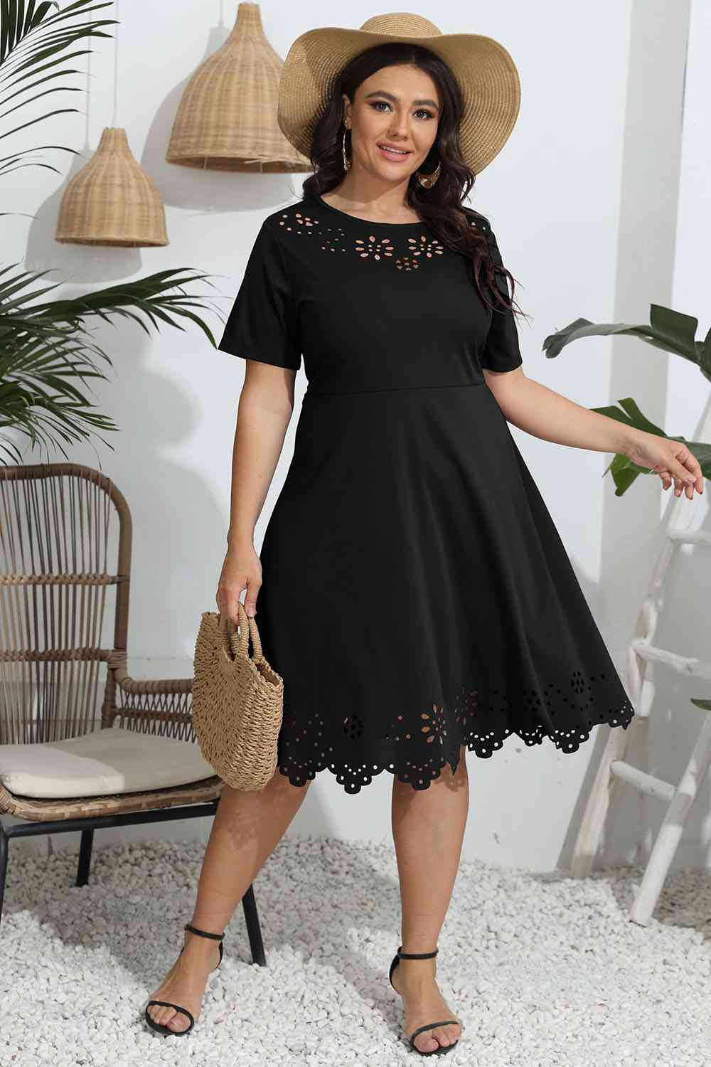Plus Size Round Neck Openwork Dress - Rochelle's House LLC
