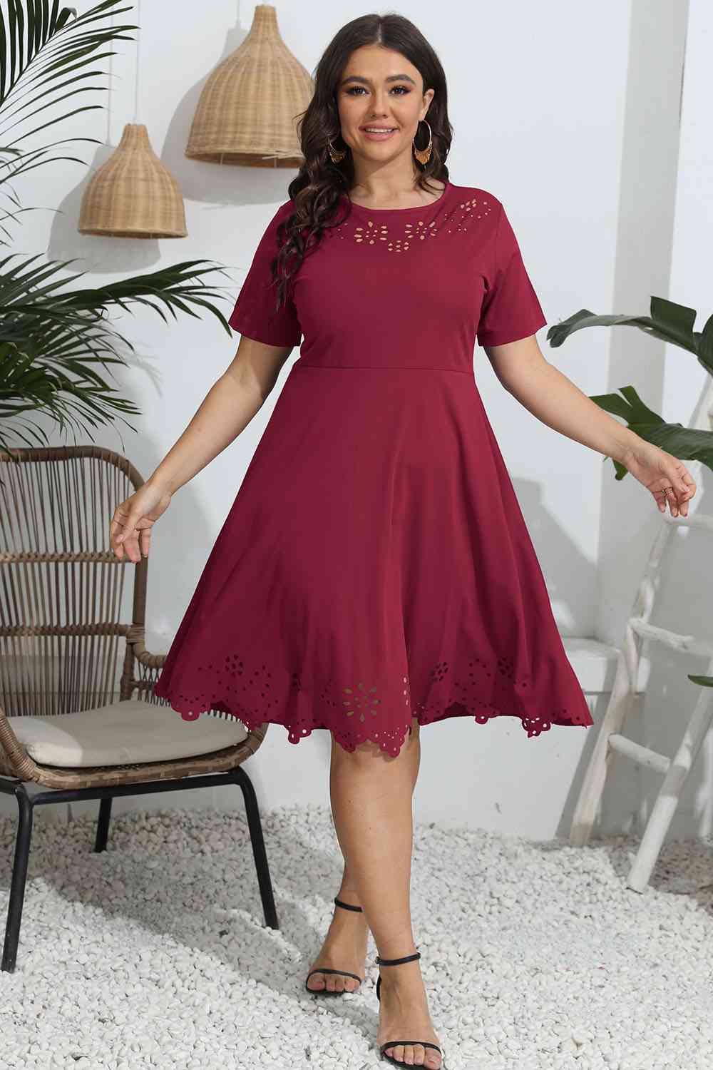 Plus Size Round Neck Openwork Dress - Rochelle's House LLC