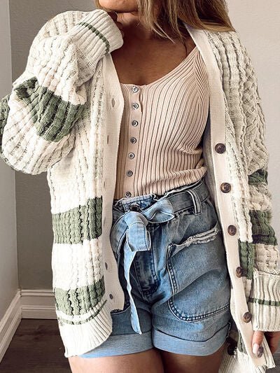 Plus Size Striped Button Up Dropped Shoulder Cardigan - Rochelle's House LLC