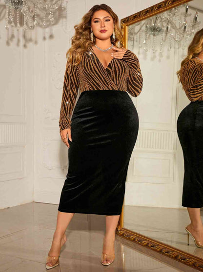 Plus Size Surplice Neck Long Sleeve Slit Dress - Rochelle's House LLC