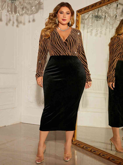 Plus Size Surplice Neck Long Sleeve Slit Dress - Rochelle's House LLC