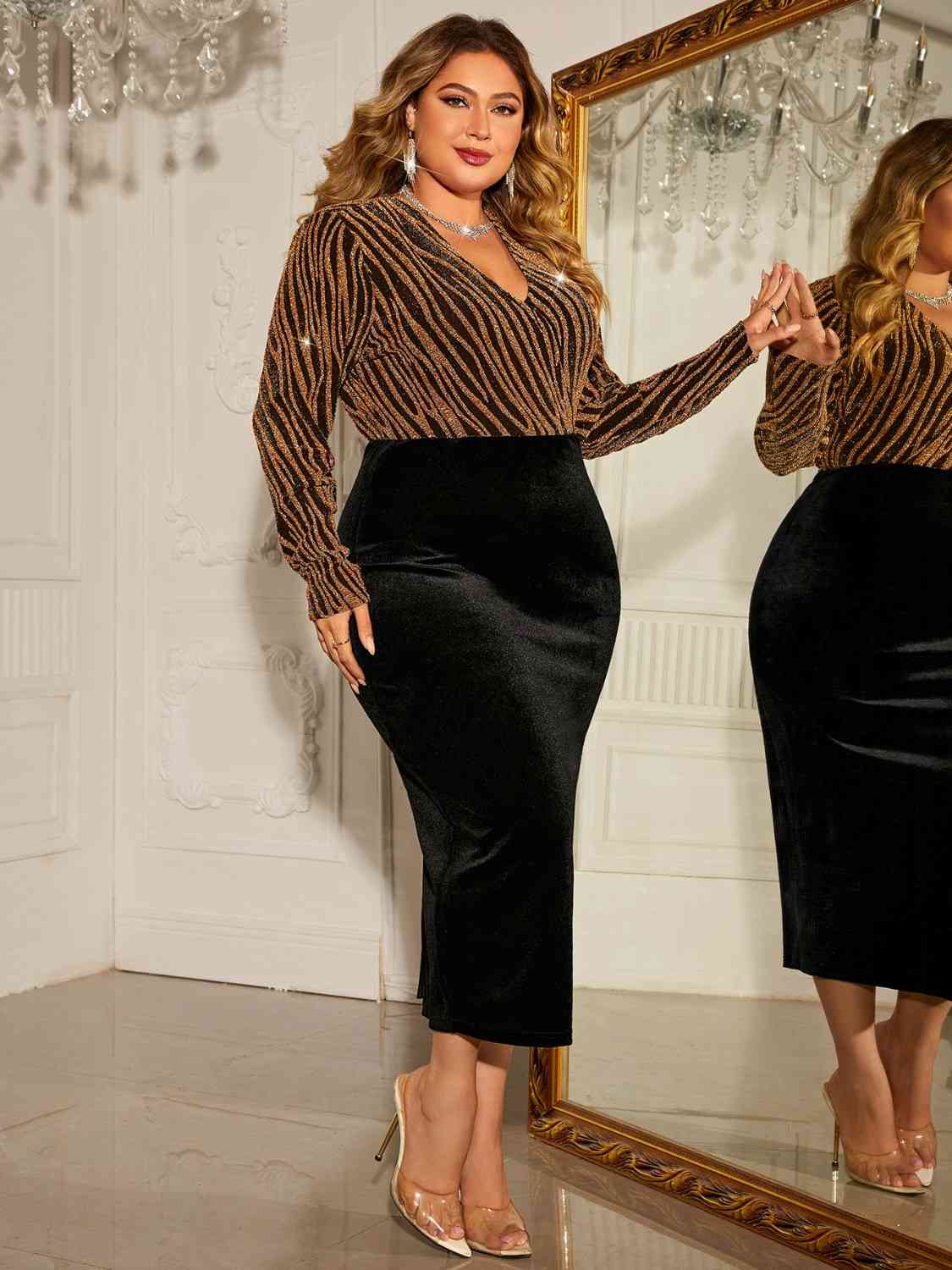 Plus Size Surplice Neck Long Sleeve Slit Dress - Rochelle's House LLC