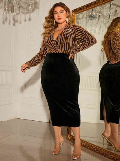 Plus Size Surplice Neck Long Sleeve Slit Dress - Rochelle's House LLC