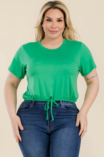 Plus Size Tie Front Drawstring Short Sleeve Crop Top - Rochelle's House LLC