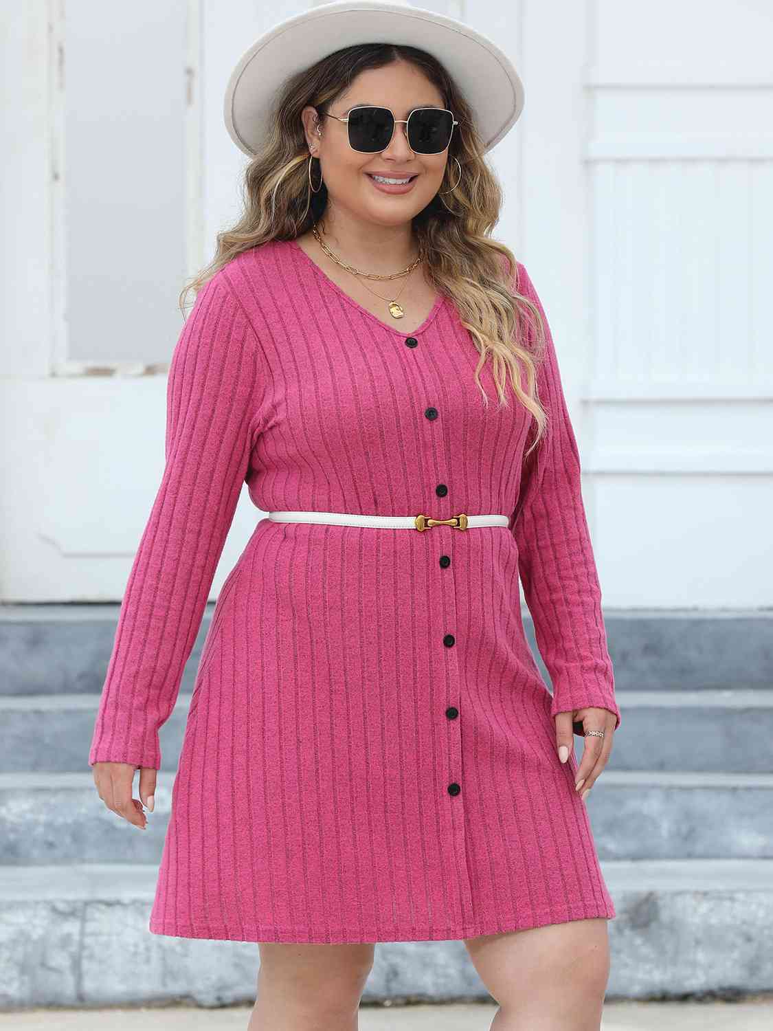 Ribbed Buttoned V - Neck Long Sleeve Dress - Rochelle's House LLC
