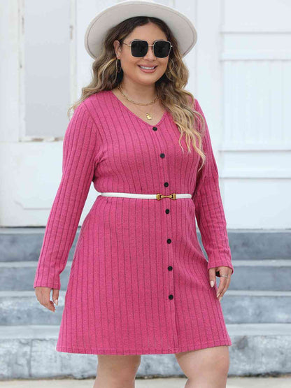 Ribbed Buttoned V - Neck Long Sleeve Dress - Rochelle's House LLC
