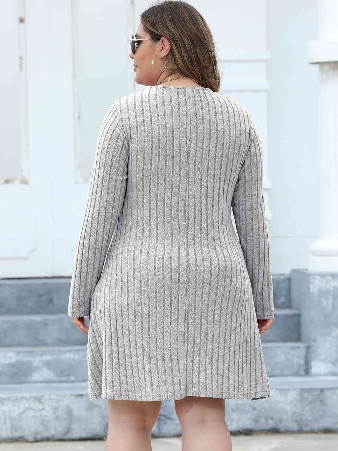 Ribbed Buttoned V - Neck Long Sleeve Dress - Rochelle's House LLC