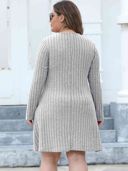 Ribbed Buttoned V - Neck Long Sleeve Dress - Rochelle's House LLC